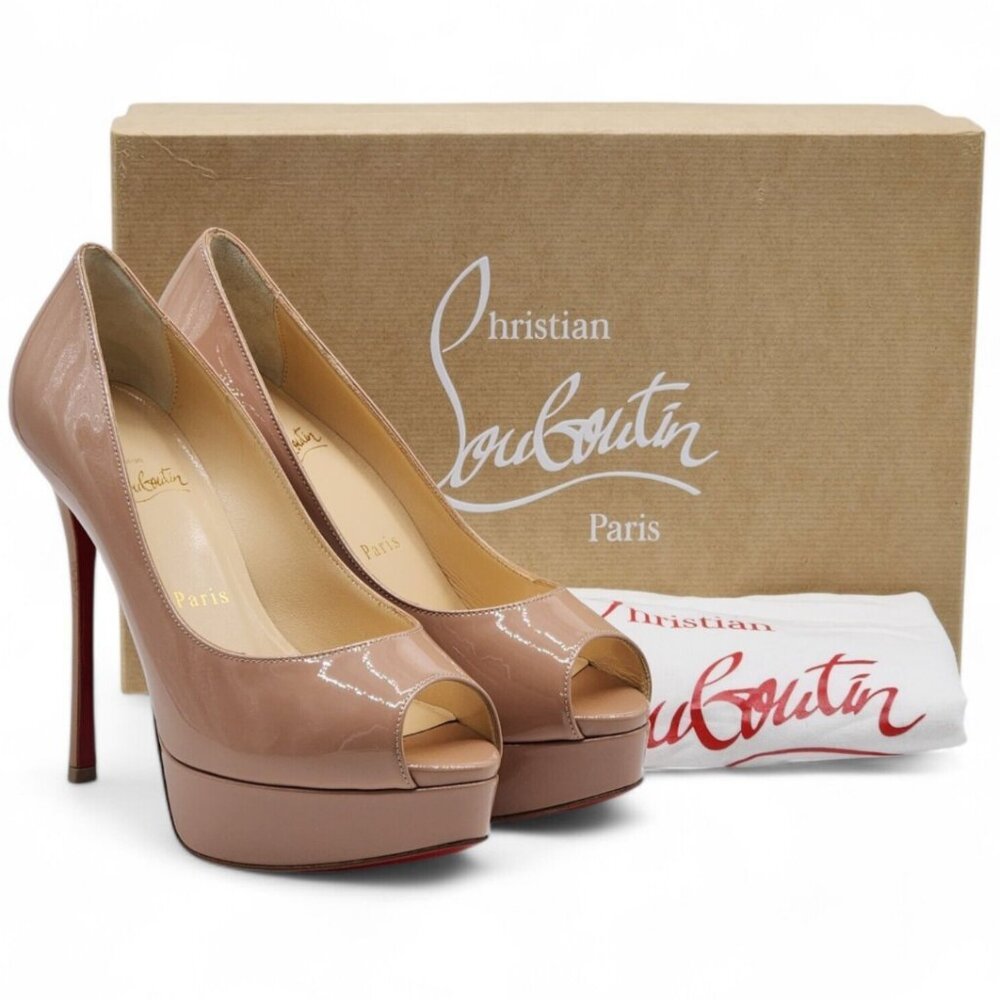 Christian Louboutin Nude Patent Peep-Toe Platform Heels